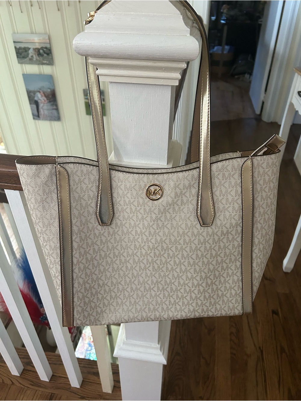 Michael Kors Beige Monogram Tote with Gold Hardware